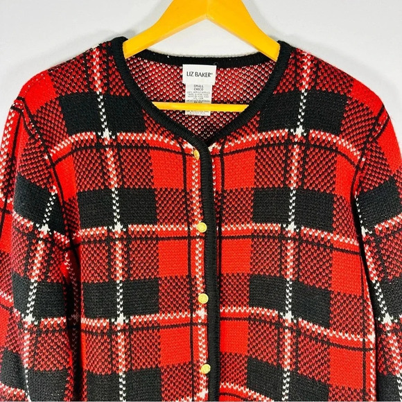 Vintage Liz Baker Plaid Red White Black Heavy Knit Cardigan Embellished Buttons - Picture 7 of 8